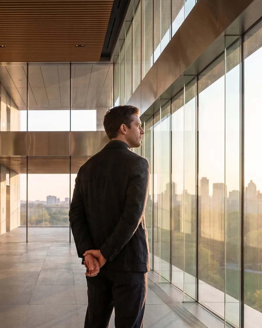 A professional in a dark suit stands with his hands clasped behind his back, looking out through floor-to-ceiling windows at a city skyline in warm morning light.