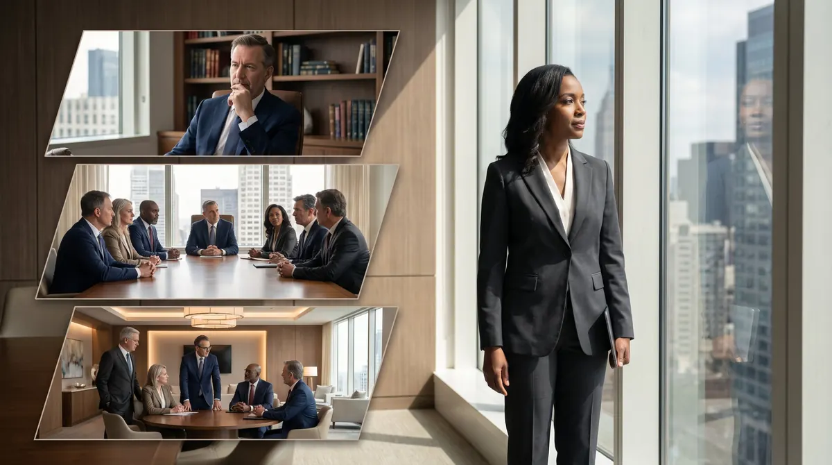 Illustrative image of business professionals in meeting rooms, alongside a woman in a dark suit looking out of a tall window at a city skyline.